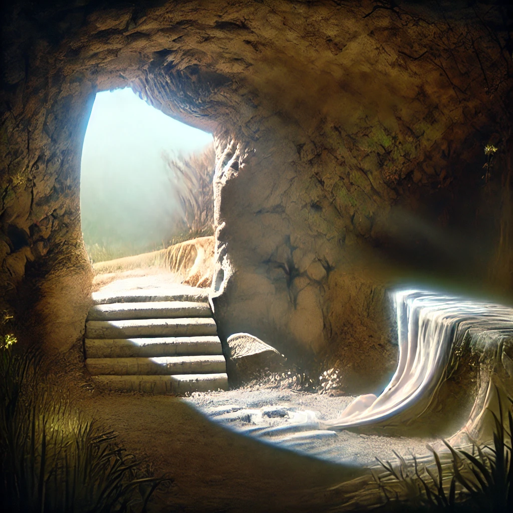 DALL·E 2025-01-10 10.20.04 - Uma visão realista do túmulo de Jesus vazio, de acordo com a descrição bíblica. O cenário é ao amanhecer, com luz suave dourada do nascer do sol ilumi O Dia da Ressurreição de Jesus